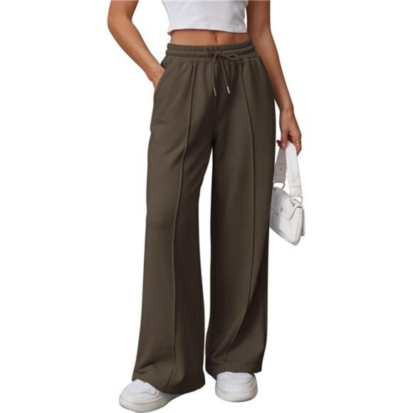 Womens Wide Leg Sweatpants High Waisted Coffee - Picture 1 of 6